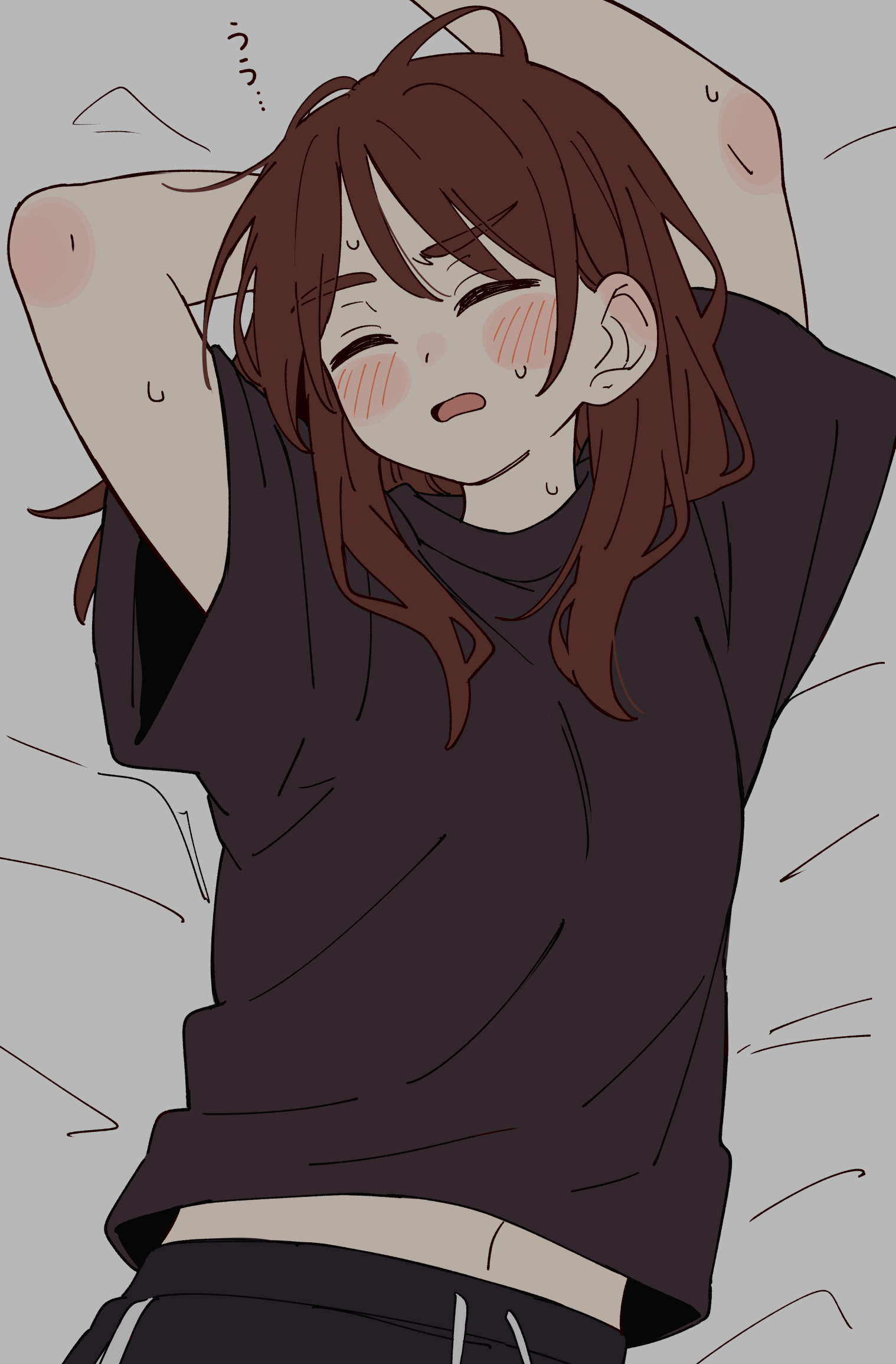 kapatarou, original, commentary request, highres, translation request, 1girl, arm behind head, arms up, bed sheet, black pants, black shirt, blush stickers, brown hair, closed eyes, drawstring, facing viewer, long hair, lying, midriff peek, navel, on back, open mouth, pants, shirt, short sleeves, sleeping, solo, sweat, thick eyebrows