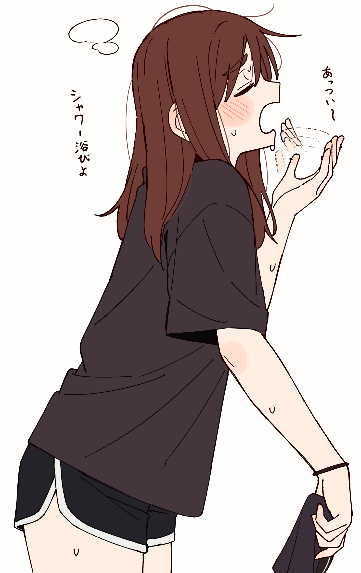 kapatarou, original, highres, translation request, 1girl, afterimage, black shirt, black shorts, blush stickers, brown hair, closed eyes, dolphin shorts, from side, hand up, long hair, open mouth, profile, shirt, short shorts, short sleeves, shorts, simple background, solo, sweat, thick eyebrows, white background