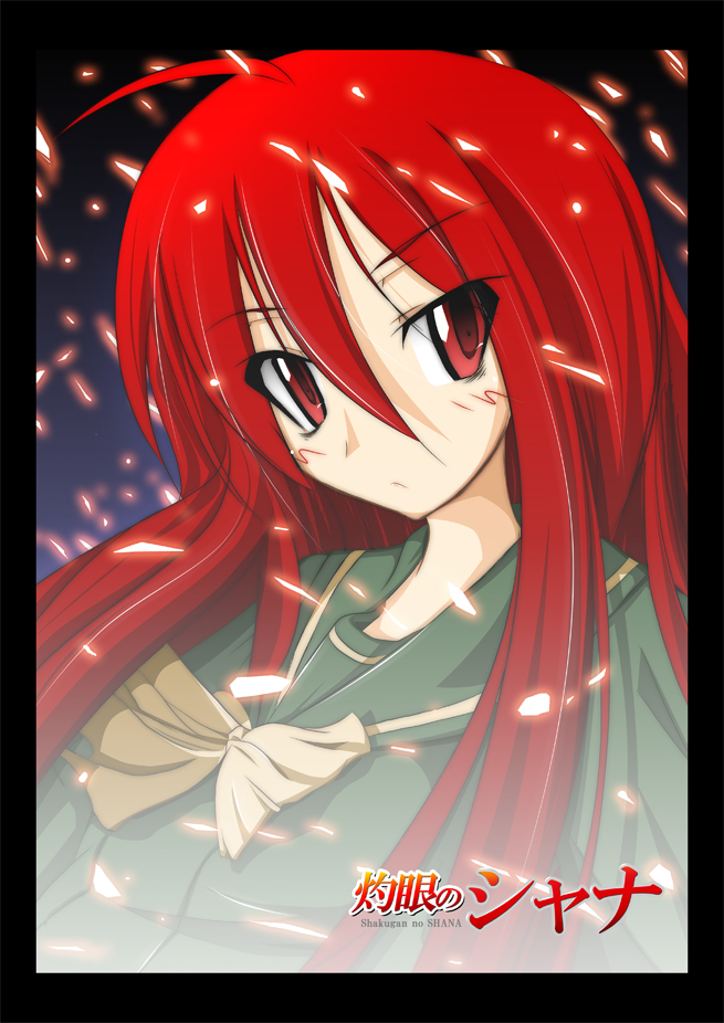 oborozuki, rougetsu (eclipse), shana, shakugan no shana, 00s, 1girl, ahoge, blush, female focus, red eyes, red hair, school uniform, serafuku, solo