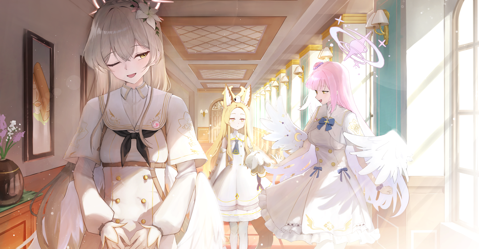queensalmon221, mika (blue archive), nagisa (blue archive), seia (blue archive), blue archive, highres, 3girls, angel wings, animal ear fluff, animal ears, blonde hair, blue bow, bow, capelet, closed mouth, dress, feathered wings, flower, forehead, fox ears, fox girl, hair between eyes, hair flower, hair ornament, long hair, looking at another, multiple girls, one eye closed, open mouth, pantyhose, pink eyes, pink hair, sleeves past fingers, sleeves past wrists, tea party (blue archive), white capelet, white dress, white flower, white pantyhose, white wings, wings, yellow eyes