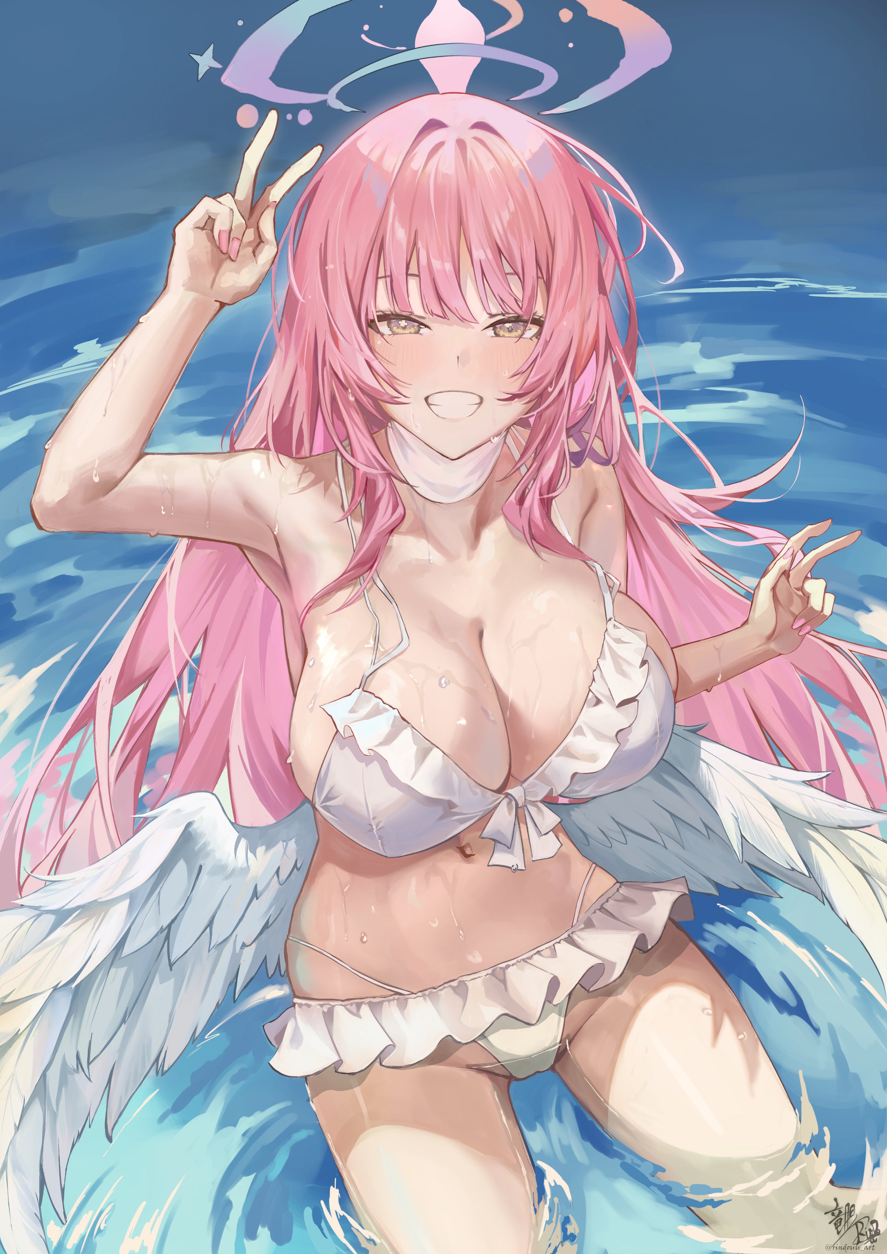 linzhekuan, mika (blue archive), mika (swimsuit) (blue archive), blue archive, absurdres, highres, 1girl, bare shoulders, bikini, blush, breasts, choker, cleavage, feathered wings, grin, halo, large breasts, long hair, looking at viewer, low wings, navel, pink hair, sidelocks, smile, solo, swimsuit, thighs, wading, water, white bikini, wings, yellow eyes