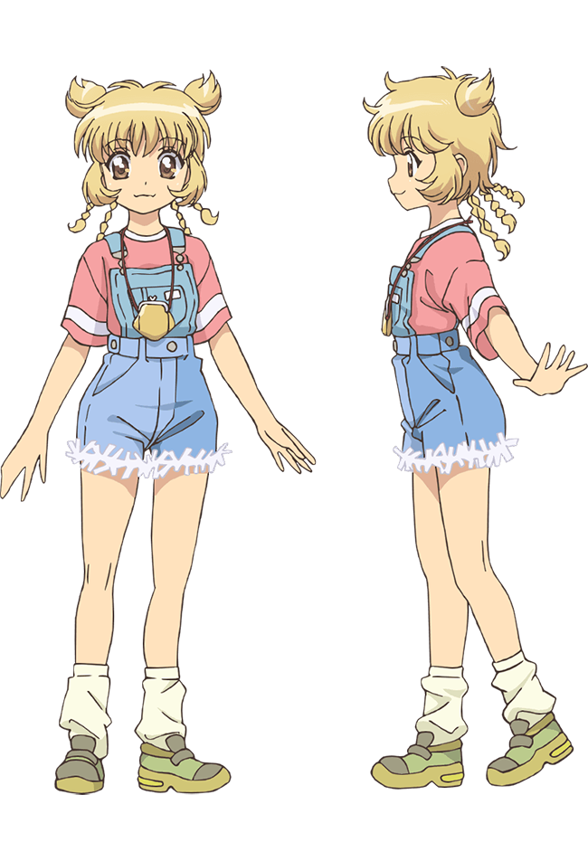ishino satoshi, fong pudding, tokyo mew mew, tokyo mew mew new, official art, 2girls, :3, anime coloring, blonde hair, braid, breasts, coin purse, double bun, flat chest, from side, full body, green shoes, hair bun, looking at viewer, loose socks, medium hair, multiple girls, multiple views, open hands, outstretched arms, overalls, pink shirt, profile, shirt, shoes, simple background, smile, socks, standing, t-shirt, thighs, transparent background, white socks