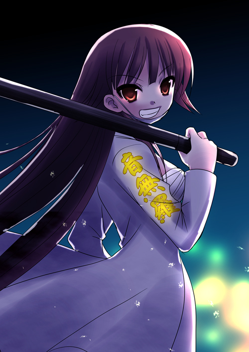 yukizuki chikuba, gotou yuuko, gotouza, gottouza, lucky star, 00s, 1girl, banchou, bousouzoku, breasts, clothes writing, coat, delinquent, female focus, grin, long hair, looking at viewer, looking back, mask, mouth mask, sarashi, smile, solo, surgical mask, tokkoufuku
