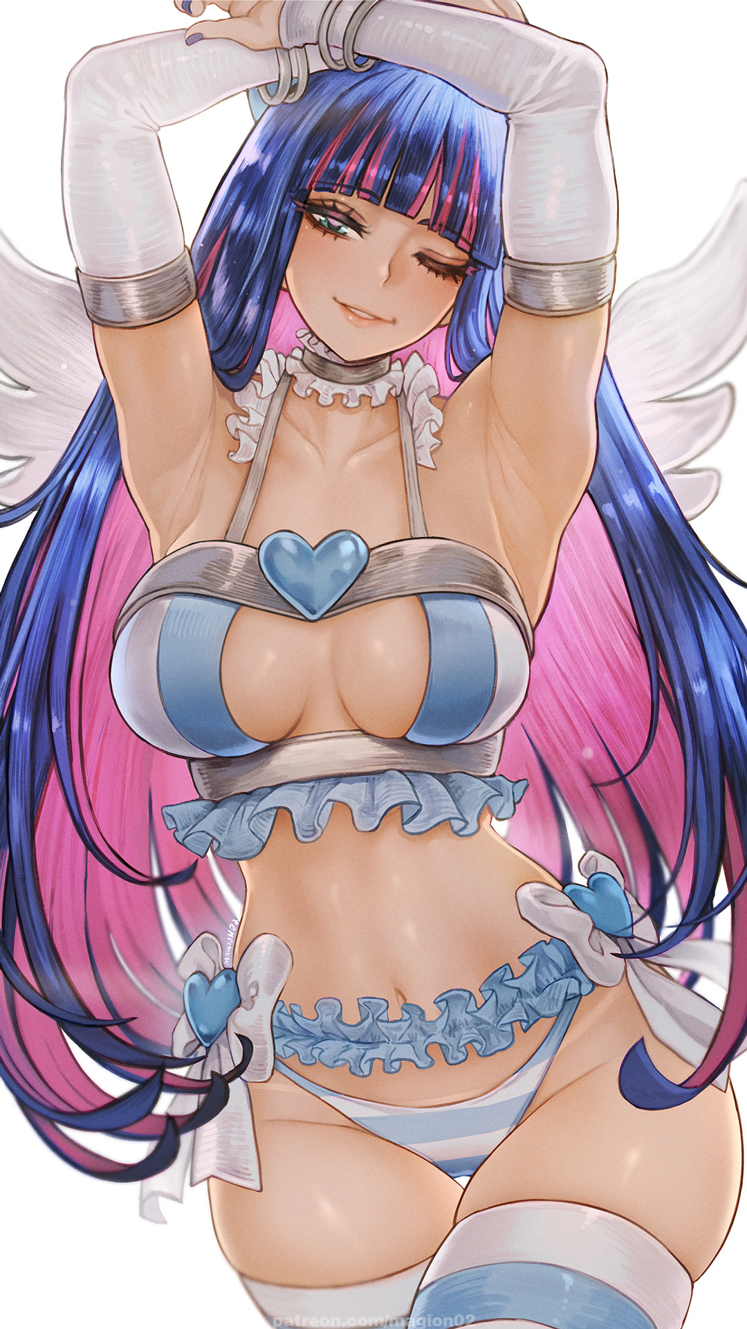 magion02, stocking (psg), panty & stocking with garterbelt, highres, blue hair, bow, breasts, frills, heart, long hair, multicolored hair, navel, panties, pink hair, purple nails, striped clothes, striped thighhighs, thighhighs, two-tone hair, underwear, wings