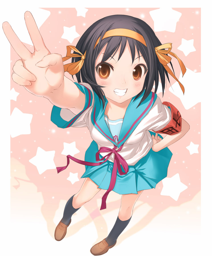 uni (plastic girl), suzumiya haruhi, suzumiya haruhi no yuuutsu, 00s, armband, brown hair, school uniform, serafuku, short hair, solo, v