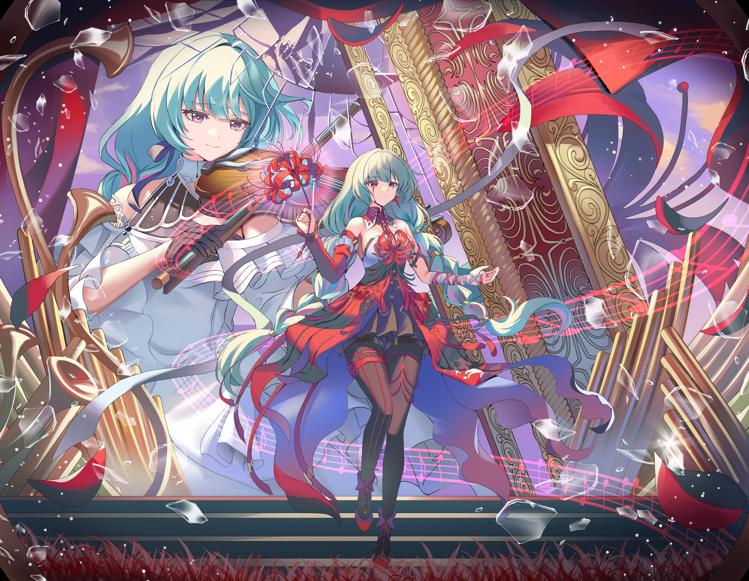 hc (razel1), phrolova (wuthering waves), wuthering waves, commentary, highres, 1girl, bandaged arm, bandages, bare shoulders, black pantyhose, black skirt, blood, bloody tears, braid, broken mirror, different reflection, dress, earrings, flower, grey eyes, grey hair, halter dress, halterneck, hands up, heterochromia, holding, holding flower, instrument, jewelry, long hair, low twin braids, mirror, music, musical note, pantyhose, playing instrument, red dress, red eyes, red shoes, reflection, shoes, skirt, spider lily, twin braids, violin