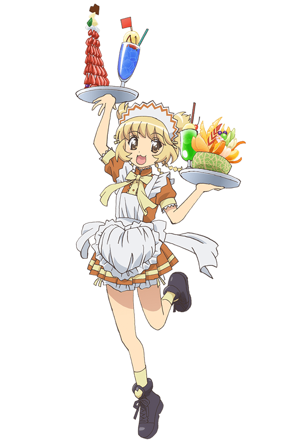 ishino satoshi, fong pudding, tokyo mew mew, tokyo mew mew new, official art, 1girl, :3, anime coloring, apron, arm up, blonde hair, bow, bowtie, braid, breasts, brown eyes, brown shoes, brown skirt, collared shirt, cup, dessert, double bun, drink, drinking glass, flat chest, food, frilled apron, frills, fruit, full body, grey shoes, hair bun, hand up, holding, holding tray, leg up, looking at viewer, open mouth, parfait, pleated skirt, puffy short sleeves, puffy sleeves, shirt, shoes, short hair, short sleeves, simple background, skirt, smile, socks, solo, standing, standing on one leg, thighs, tiptoes, transparent background, tray, waitress, white apron, yellow bow, yellow socks