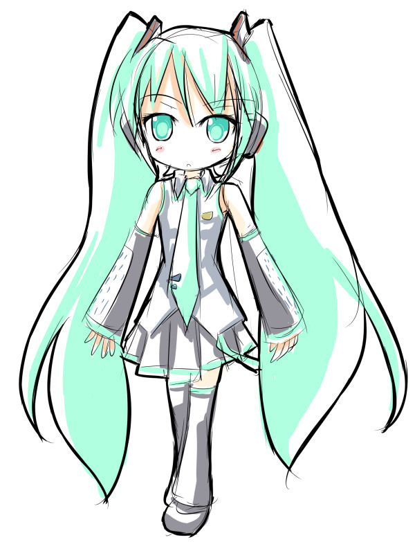 kuro (be ok), hatsune miku, vocaloid, tagme, chibi, simple background, sketch, thighhighs, white background