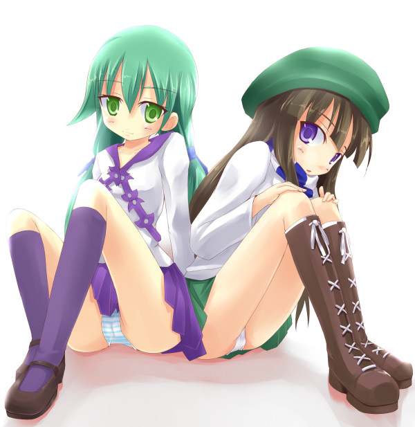 kuro (be ok), original, 2girls, boots, hat, kneehighs, long hair, multiple girls, panties, pantyshot, school uniform, serafuku, sitting, socks, striped clothes, striped panties, underwear, upskirt