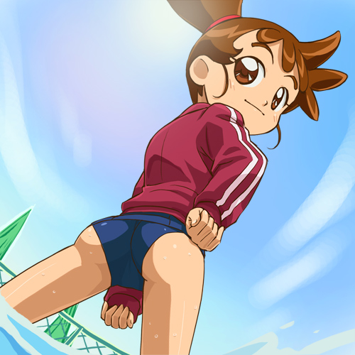 haruyama kazunori, haruno kasumi, kasumin, lowres, 00s, 1girl, ass, brown eyes, brown hair, chain-link fence, cloud, dutch angle, female focus, fence, fisheye, from below, gym uniform, hand on own hip, high ponytail, jacket, looking back, matching hair/eyes, outdoors, ponytail, pool, school swimsuit, sky, solo, swimsuit, swimsuit under clothes, track jacket, wading, wet