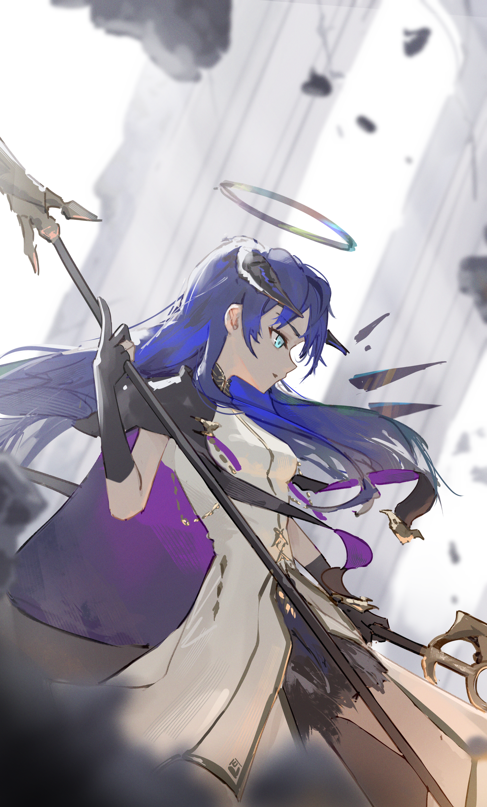 eien 001, mostima (arknights), mostima (spellbreaker) (arknights), arknights, absurdres, commentary, english commentary, highres, mixed-language commentary, 1girl, black gloves, blue eyes, blue hair, dress, gloves, halo, holding, holding staff, long hair, partially fingerless gloves, solo, staff, white dress