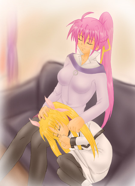 fate testarossa, signum, lyrical nanoha, mahou shoujo lyrical nanoha, tagme, 00s, age difference, child, onee-loli, school uniform, serafuku, yuri