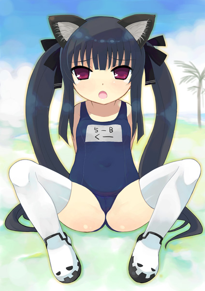 otoutogimi, kooh (pangya), pangya, 1girl, animal ears, cat ears, female focus, name tag, one-piece swimsuit, panties, school swimsuit, solo, swimsuit, thighhighs, underwear