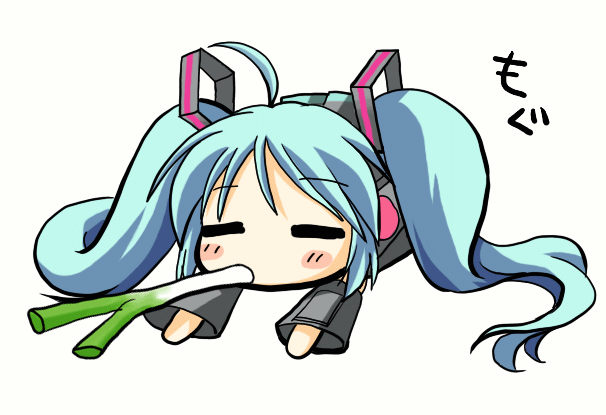 ebisu senri, hatsune miku, vocaloid, animated, animated gif, ahoge, chibi, chibi only, eating, expressive hair, long hair, o3o, simple background, solo, spring onion, twintails, very long hair, white background