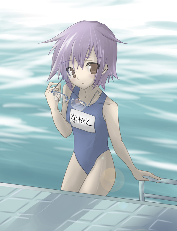 kurou (yugato), yugato, nagato yuki, suzumiya haruhi no yuuutsu, 00s, 1girl, female focus, glasses, head tilt, holding, holding removed eyewear, lens flare, looking at viewer, name tag, one-piece swimsuit, pool, pool ladder, poolside, school swimsuit, solo, swimsuit, unworn eyewear, wading