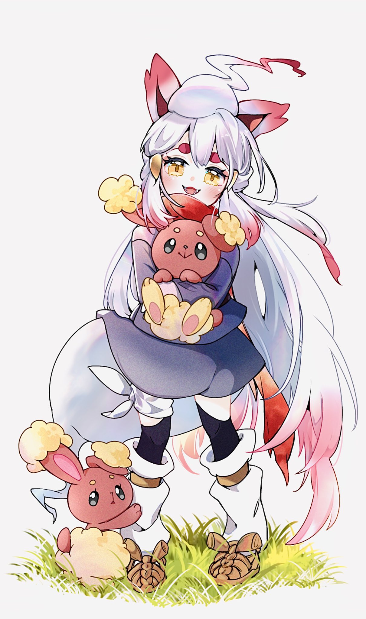 cocoa s3, akari (pokemon), buneary, hisuian zorua, nintendo, pokemon, pokemon legends: arceus, highres, 1girl, akari (pokemon) (cosplay), animal ear fluff, animal ears, black sash, blush, bright pupils, closed mouth, cosplay, fangs, full body, galaxy expedition team survey corps uniform, gen 4 pokemon, grass, grey eyes, holding, jacket, long hair, looking at viewer, loose socks, multicolored hair, open mouth, pantyhose, personification, pokemon (creature), rabbit, red hair, red scarf, sash, scarf, sidelocks, simple background, smile, socks, streaked hair, very long hair, white hair, yellow eyes