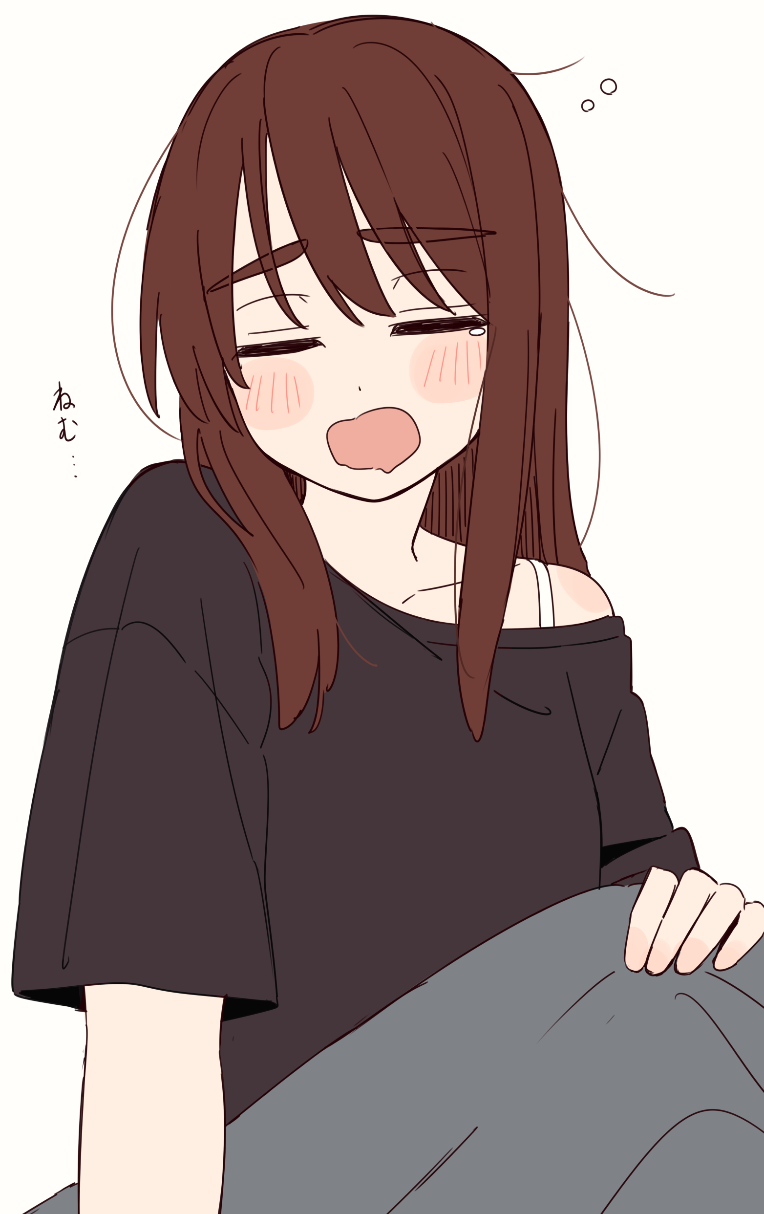 kapatarou, original, absurdres, highres, translation request, 1girl, bare shoulders, black shirt, blush stickers, brown hair, closed eyes, collarbone, facing viewer, long hair, off shoulder, open mouth, shirt, simple background, solo, tears, thick eyebrows, under covers, waking up, white background