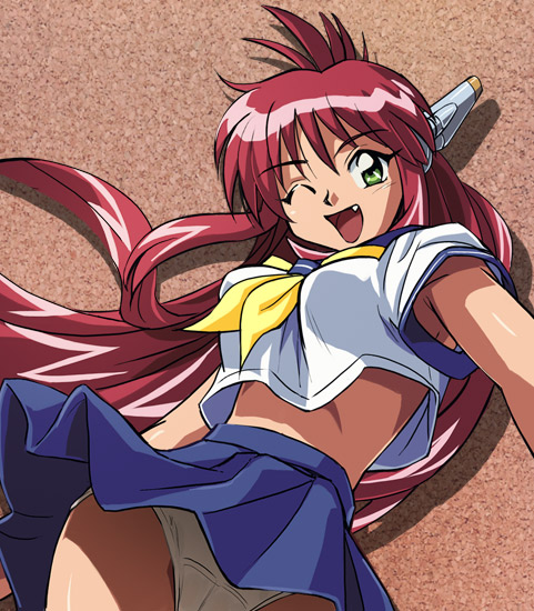 haruyama kazunori, natsume atsuko, fugou keiji balance:unlimited, 1990s (style), 1girl, android, armpit peek, blue sailor collar, bow, cameltoe, clothes lift, fang, female focus, green eyes, hip focus, long hair, one eye closed, panties, pantyshot, pleated skirt, red hair, retro artstyle, sailor collar, school uniform, serafuku, skirt, skirt lift, solo, underwear, upshirt, upskirt, wink