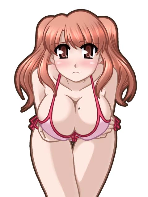 ooba kou, asahina mikuru, suzumiya haruhi no yuuutsu, 00s, 1girl, bent over, bikini, blush, breasts, brown eyes, brown hair, cleavage, collarbone, embarrassed, large breasts, long hair, looking at viewer, mole, mole on breast, pink bikini, side-tie bikini bottom, standing, star (symbol), swimsuit, twintails, white background