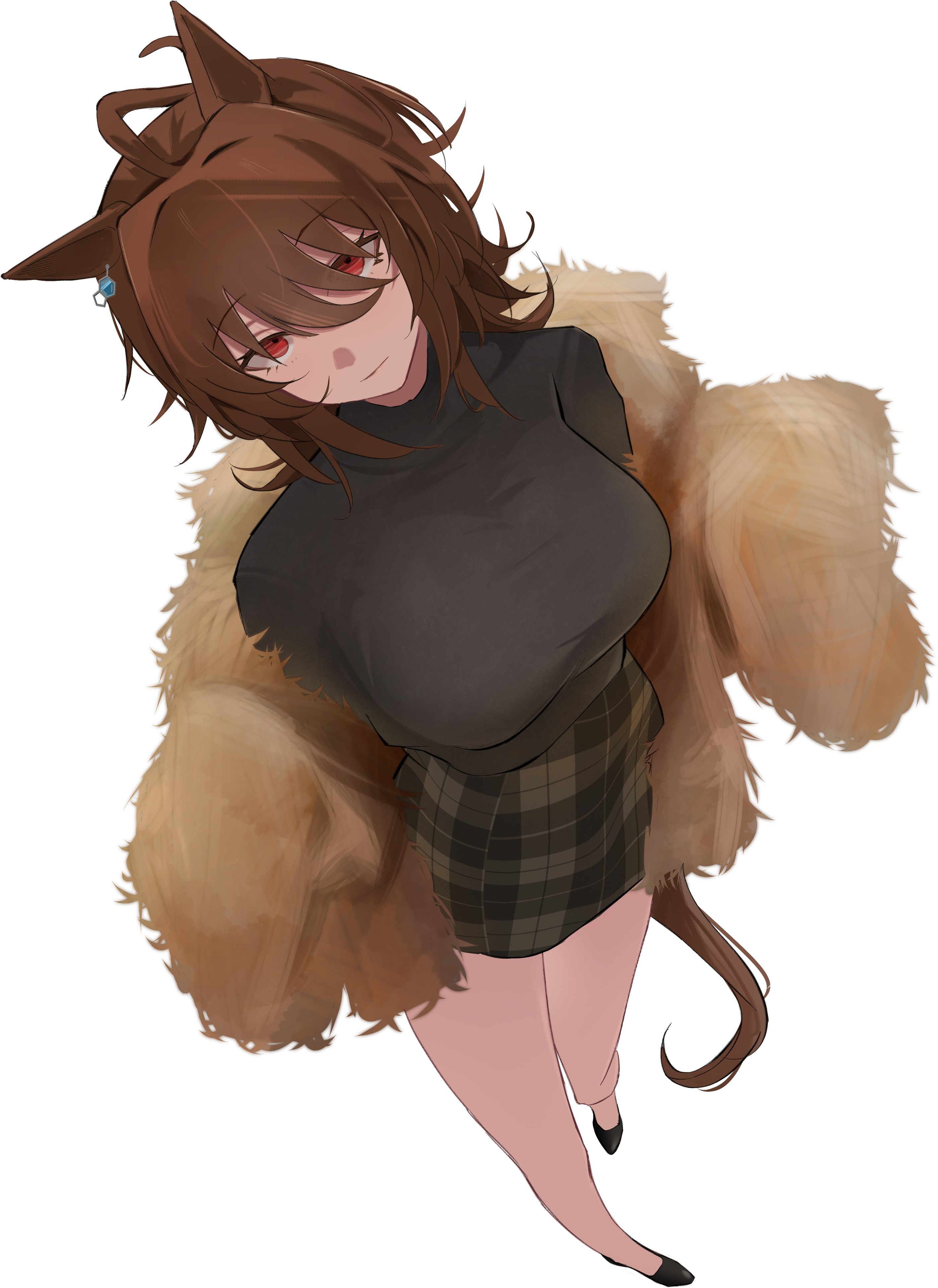 sei (bigaa), agnes tachyon (umamusume), umamusume, absurdres, highres, 1girl, animal ears, black shirt, black shoes, brown hair, brown jacket, brown skirt, closed mouth, fur jacket, hair between eyes, horse ears, horse girl, horse tail, jacket, looking at viewer, plaid clothes, plaid skirt, red eyes, shirt, shoes, short hair, skirt, sleeves past fingers, sleeves past wrists, solo, tail, turtleneck, turtleneck shirt