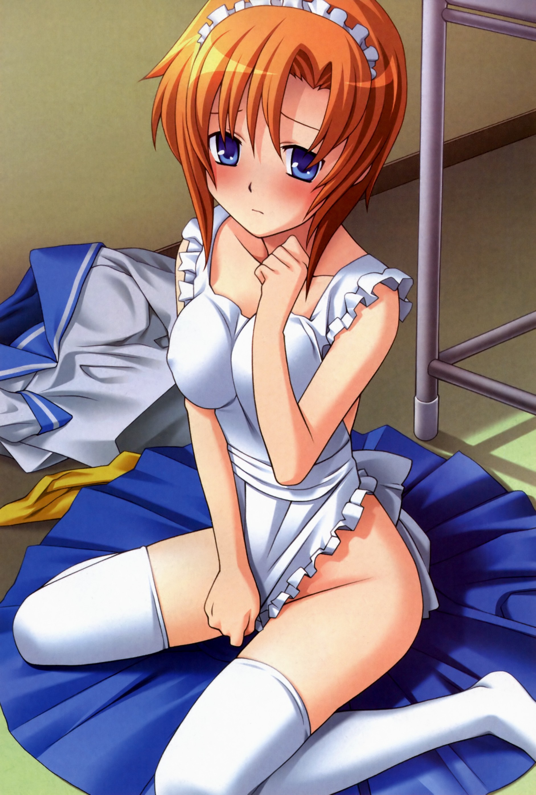 ryuuguu rena, higurashi no naku koro ni, absurdres, highres, official art, 00s, 1girl, apron, blue eyes, blush, collarbone, covered erect nipples, female focus, maid, maid headdress, medium hair, naked apron, no bra, no panties, orange hair, short hair, solo, thighhighs, topless female, white thighhighs