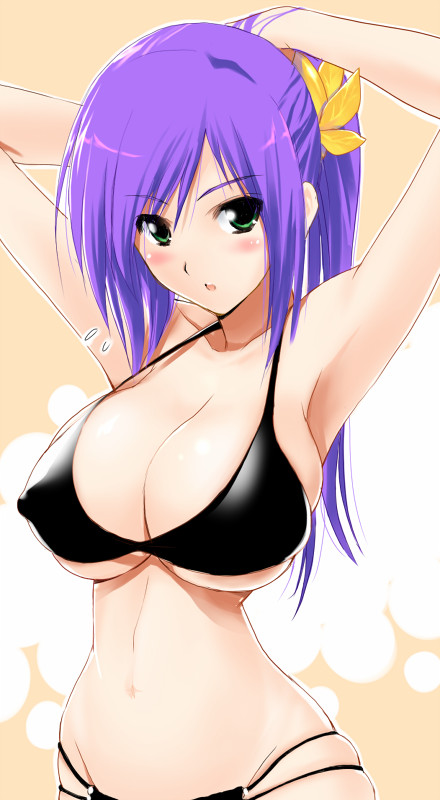 hima, faris scherwiz, final fantasy, final fantasy v, 1990s (style), 1girl, adjusting hair, armpits, arms up, bikini, black bikini, blush, breasts, covered erect nipples, female focus, green eyes, huge breasts, narrow waist, purple hair, retro artstyle, skindentation, solo, swimsuit, underboob