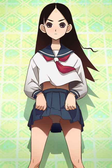 haruyama kazunori, kitsu chiri, sayonara zetsubou sensei, 00s, 1girl, anger vein, clothes lift, female focus, lifting own clothes, panties, pantyshot, parted bangs, school uniform, serafuku, skirt, skirt lift, solo, underwear, upskirt