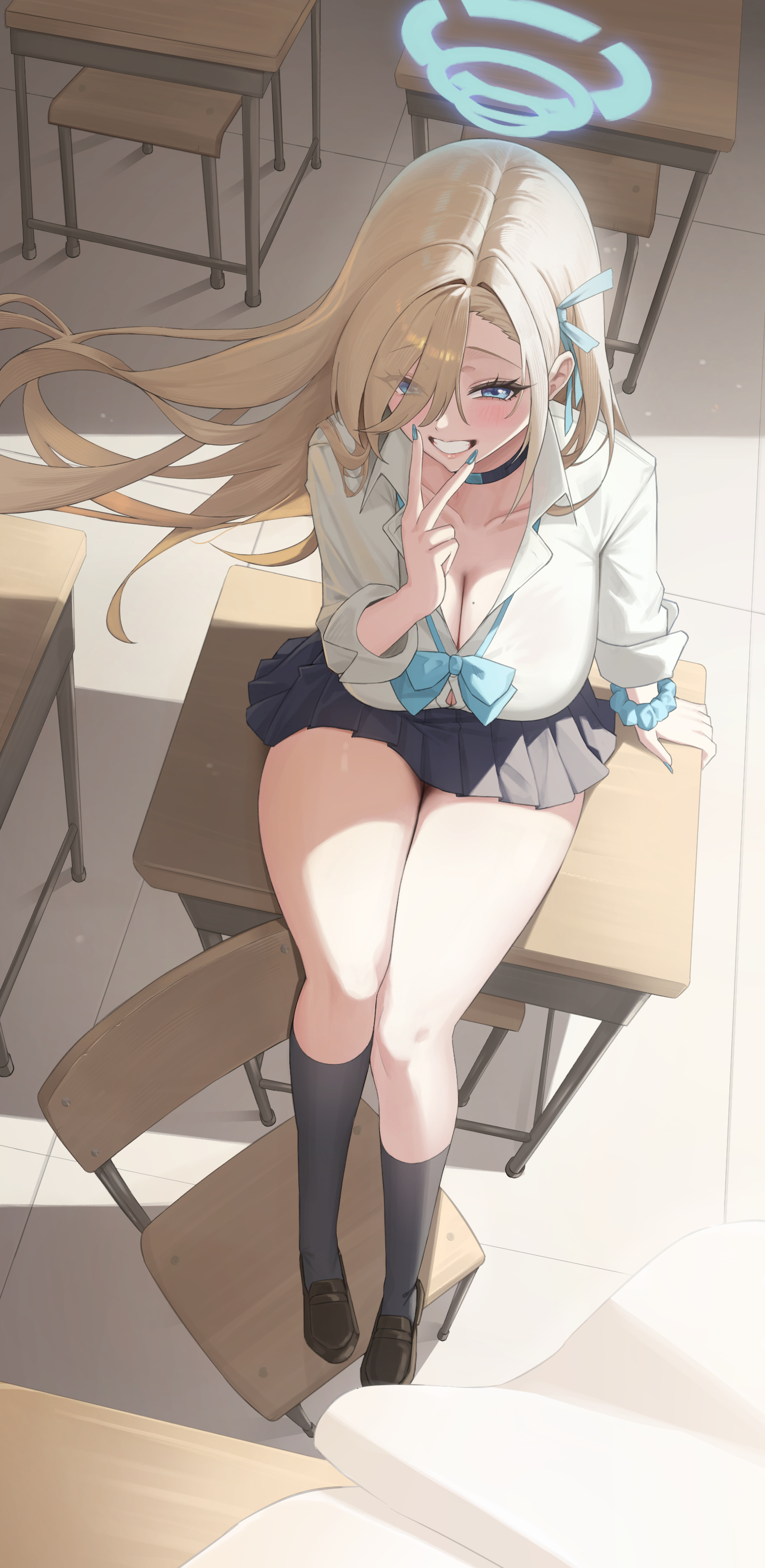 dori (choejeongmin7), asuna (blue archive), asuna (school uniform) (blue archive), blue archive, absurdres, commentary request, highres, 1girl, black choker, black skirt, black socks, blue bow, blue bowtie, blue halo, blue ribbon, blue scrunchie, blush, bow, bowtie, breasts, brown shoes, choker, classroom, cleavage, curtains, desk, floating hair, hair over one eye, hair ribbon, halo, indoors, large breasts, loafers, long hair, looking at viewer, miniskirt, mole, mole on breast, nail polish, on desk, pleated skirt, ribbon, school uniform, scrunchie, shoes, sitting, skirt, sleeves rolled up, smile, socks, solo, thighs, very long hair, wrist scrunchie