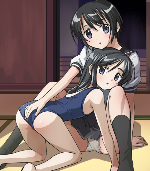 haruyama kazunori, yamada asu, yamada kyou, binbou shimai monogatari, 00s, 2girls, all fours, arm support, ass, barefoot, bimbou shimai monogatari, black hair, black socks, blue eyes, blue one-piece swimsuit, blush, flat chest, grabbing another's ass, groping, incest, indoors, kneehighs, kneeling, long hair, looking at viewer, looking back, multiple girls, old school swimsuit, on floor, one-piece swimsuit, open door, outstretched arm, panties, pantyshot, parted bangs, parted lips, purple eyes, school swimsuit, school uniform, serafuku, shirt, short hair, short sleeves, siblings, sidelocks, sisters, sitting, skirt, socks, spread legs, swimsuit, tatami, underwear, upskirt, white panties, wooden floor, yuri