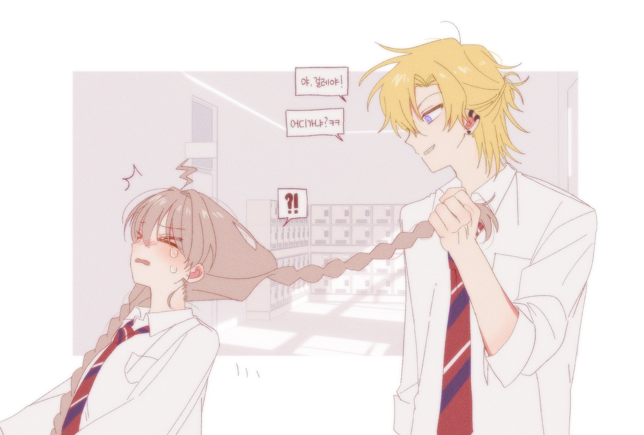 player character (degrees of lewdity), player character (female) (degrees of lewdity), whitney (degrees of lewdity), whitney (male) (degrees of lewdity), degrees of lewdity, highres, translation request, 1boy, 1girl, blonde hair, blue eyes, blush, braid, brown hair, closed eyes, collared shirt, earrings, grabbing another's hair, holding another's hair, jewelry, lilie (s2xllj), long hair, necktie, red necktie, s2xllj, shirt, speech bubble, striped necktie, twin braids, white shirt