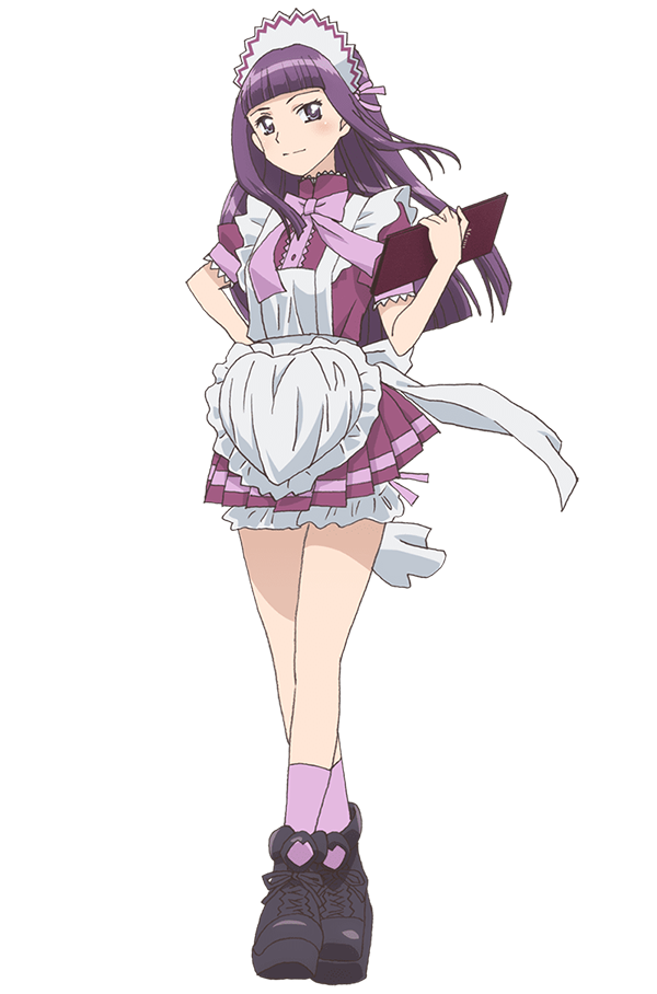 ishino satoshi, fujiwara zakuro, tokyo mew mew, tokyo mew mew new, official art, 1girl, anime coloring, apron, blunt bangs, boots, bow, bowtie, breasts, closed mouth, collared shirt, detached sleeves, frilled apron, frills, full body, grey shoes, hand on own hip, holding, holding menu, long hair, looking at viewer, maid headdress, medium breasts, menu, miniskirt, pleated skirt, puffy detached sleeves, puffy short sleeves, puffy sleeves, purple bow, purple eyes, purple hair, purple shirt, purple skirt, purple socks, shirt, shoes, short sleeves, simple background, skirt, smile, socks, solo, standing, thighs, transparent background, white apron