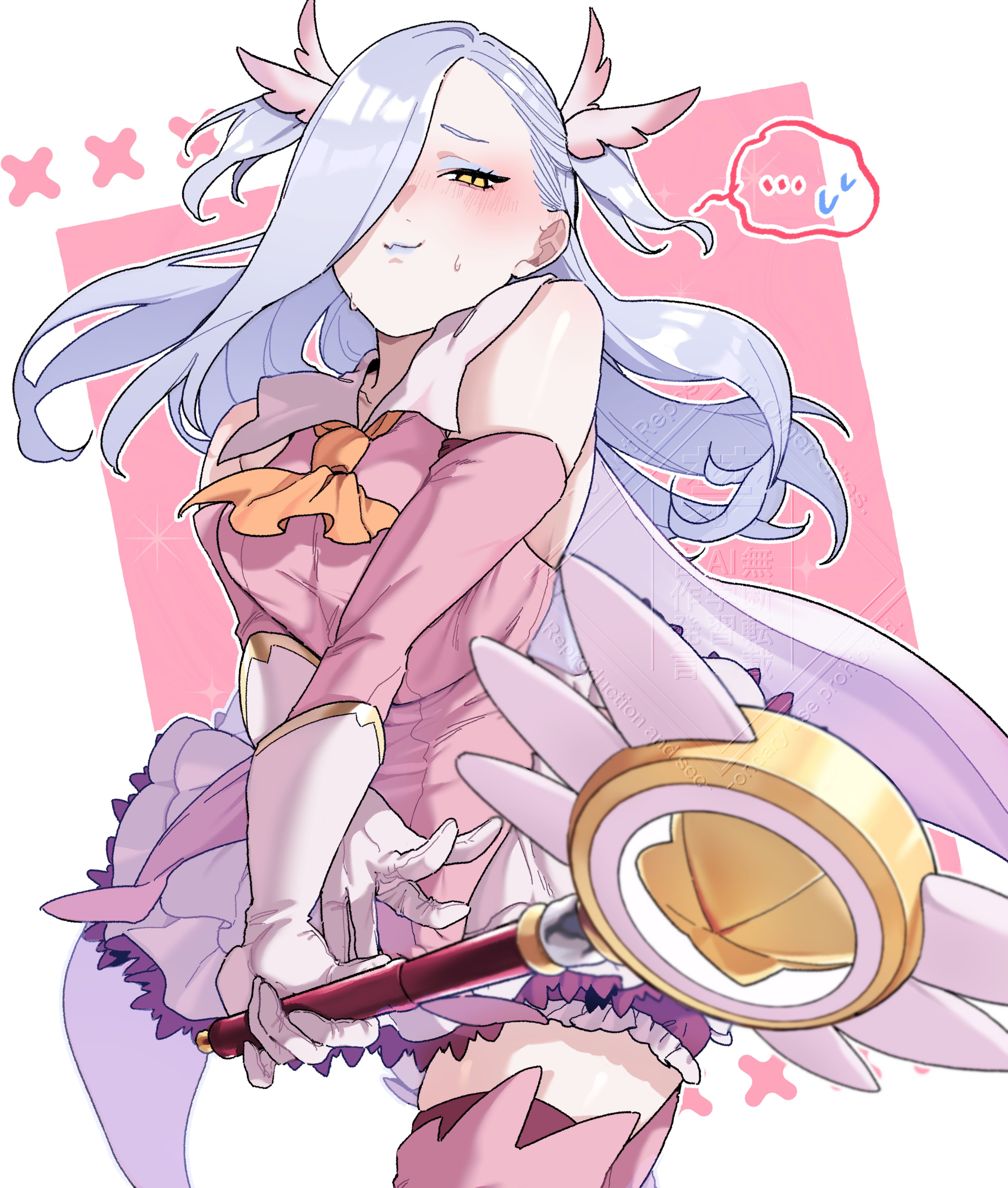 hiyayaako, illyasviel von einzbern, magical ruby, mrs. snake (fate), prisma illya, fate/grand order, fate/kaleid liner prisma illya, fate (series), absurdres, highres, revision, 1girl, ascot, bare shoulders, blue lips, boots, breasts, cape, cosplay, dress, elbow gloves, eyeliner, feather hair ornament, feathers, gloves, hair ornament, hair over one eye, large breasts, layered gloves, long hair, looking at viewer, makeup, pink dress, pink gloves, prisma illya (cosplay), skirt, smile, solo, thigh boots, thighs, two side up, wand, white cape, white gloves, white hair, white skirt, yellow eyes