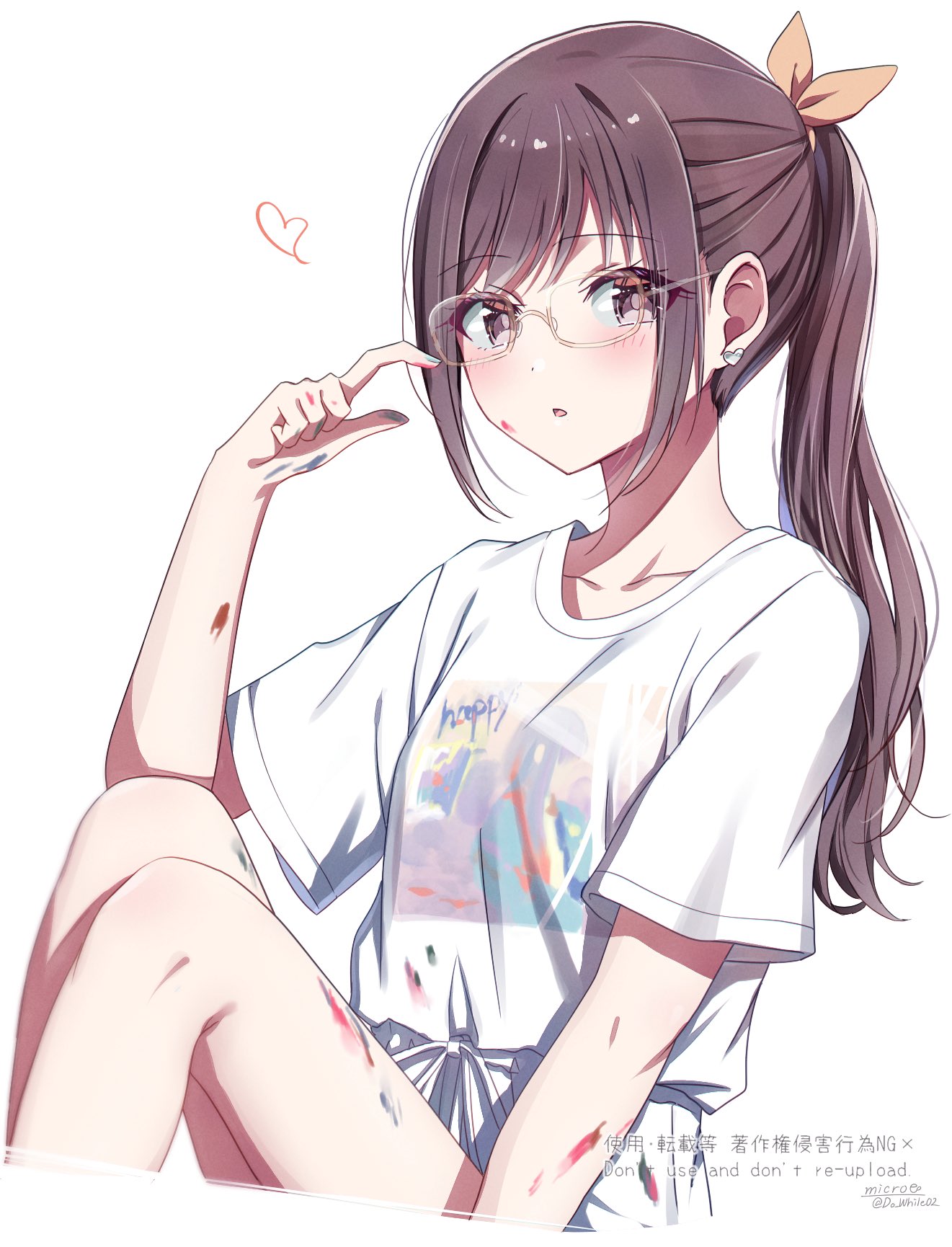 do while02, shinonome ena, project sekai, commentary, highres, 1girl, bespectacled, bloom festival (project sekai), brown eyes, brown hair, clothes writing, collarbone, cropped legs, earrings, english text, glasses, hair tie, hand up, heart, heart earrings, jewelry, legs, looking at viewer, looking to the side, official alternate hair length, official alternate hairstyle, open mouth, paint splatter, paint splatter on face, print shirt, rectangular eyewear, shirt, short sleeves, simple background, sitting, solo, t-shirt, twitter username, watermark, white background