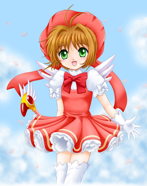 flipper, kinomoto sakura, kinomoto sakura (magician), cardcaptor sakura, 1990s (style), 1girl, antenna hair, bow, brown hair, child, dress, female focus, fuuin no tsue, gloves, green eyes, hat, magical girl, pink hat, retro artstyle, short hair, solo, thighhighs, wand, wings, zettai ryouiki