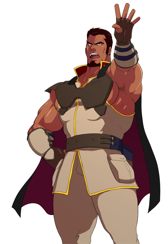 magnum feering, rakan dahkaran, gundam, gundam zz, 1boy, arm up, armpit hair, bara, brown hair, cape, cowboy shot, dark-skinned male, dark skin, facial hair, hand on own hip, large pectorals, male focus, muscular, muscular male, open mouth, pectorals, short hair, sidepec, simple background, solo, thick arms, two-sided cape, two-sided fabric, white background