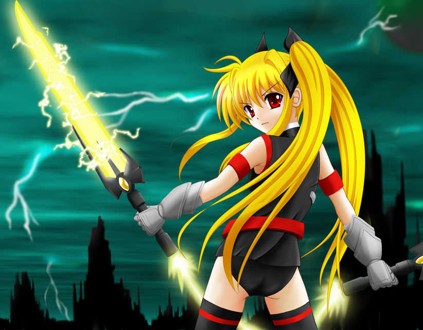 flipper, bardiche (nanoha), bardiche (riot zanber stinger) (nanoha), fate testarossa, fate testarossa (true sonic form), lyrical nanoha, mahou shoujo lyrical nanoha, mahou shoujo lyrical nanoha strikers, 00s, 1girl, arm belt, belt, blonde hair, dual wielding, electricity, energy sword, female focus, gauntlets, holding, lightning, lightning bolt symbol, magical girl, red eyes, solo, sword, thighhighs, twintails, weapon
