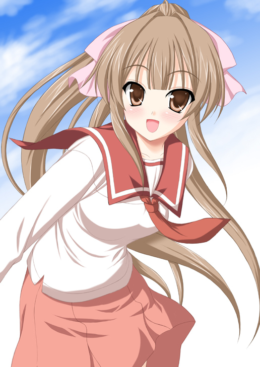 minamori noeru, tagme, 1girl, breasts, cloud, female focus, gradient background, necktie, outdoors, school uniform, serafuku, sky, solo, standing, white background