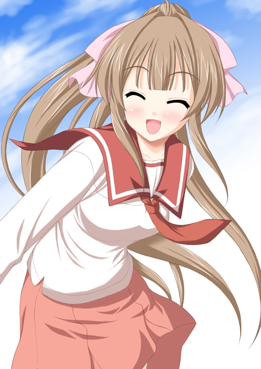 minamori noeru, tagme, 1girl, breasts, cloud, female focus, gradient background, outdoors, school uniform, serafuku, sky, smile, solo, standing, white background