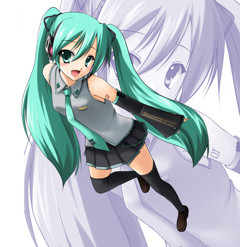 ryuushou, hatsune miku, vocaloid, lowres, 1girl, aqua hair, aqua necktie, arms at sides, black thighhighs, blouse, collared shirt, detached sleeves, female focus, grey shirt, hair between eyes, head tilt, long hair, necktie, shirt, sleeveless, sleeveless shirt, solo, tattoo, thighhighs, twintails, very long hair, white background, zettai ryouiki, zoom layer