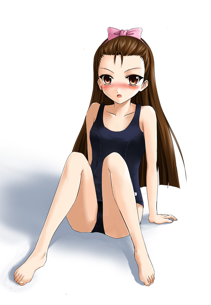 ryuushou, minase iori, idolmaster, idolmaster (classic), idolmaster 1, 00s, 1girl, barefoot, black one-piece swimsuit, blush, feet, female focus, flat chest, legs, one-piece swimsuit, school swimsuit, solo, swimsuit