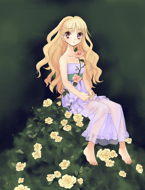 piyodera mucha, original, 1girl, bare shoulders, barefoot, dress, feet, female focus, flower, long hair, plant, purple eyes, rose, see-through clothes, sitting, solo, strapless, sundress, vines, wavy hair