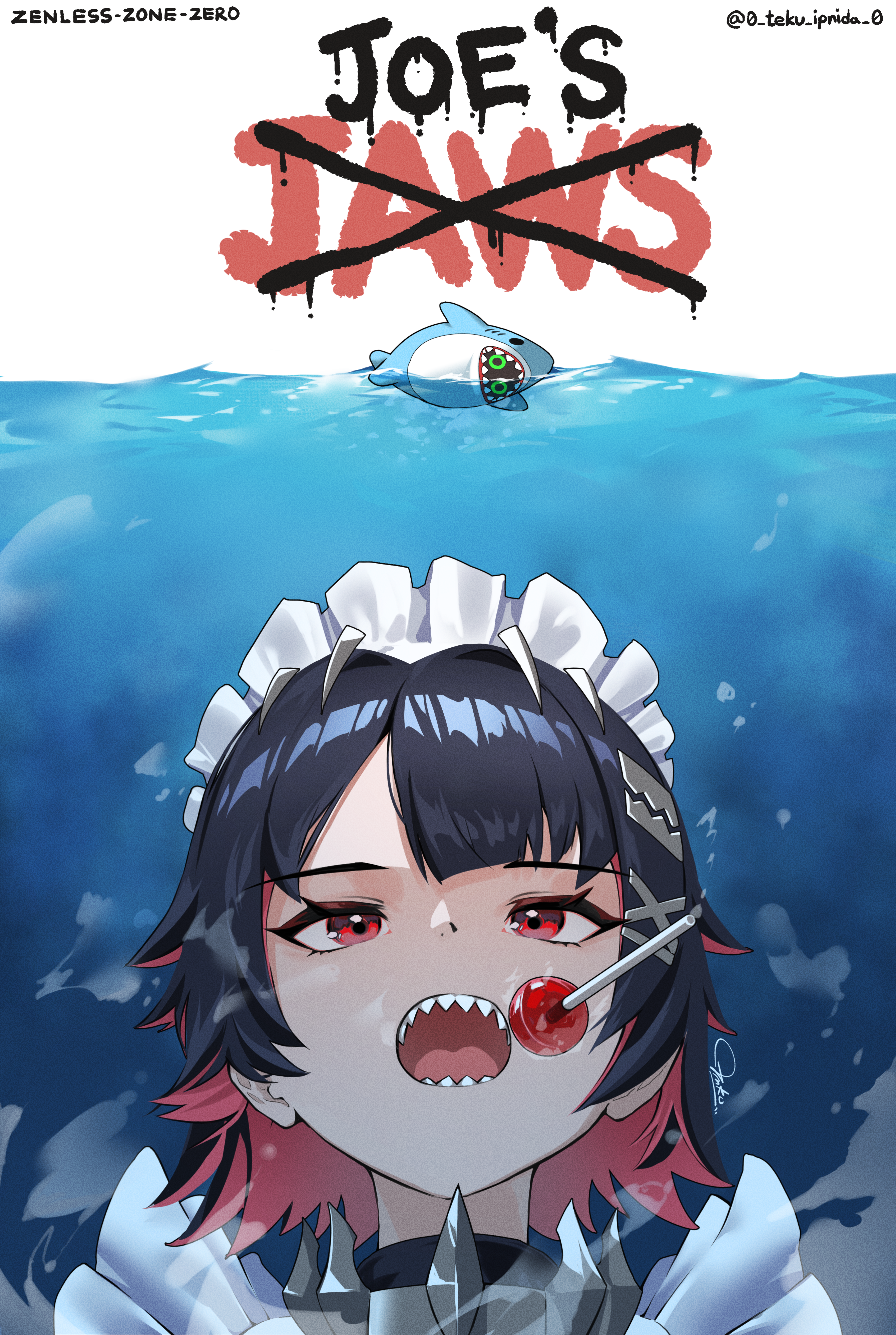 t3ku, bangboo (zenless zone zero), ellen joe, sharkboo (zenless zone zero), jaws (movie), zenless zone zero, absurdres, highres, 1girl, black hair, candy, colored inner hair, food, hair ornament, lollipop, maid headdress, medium hair, movie poster, multicolored hair, open mouth, parody, poster parody, pun, red eyes, red hair, sharp teeth, signature, solo, swimming, teeth, twitter username, underwater
