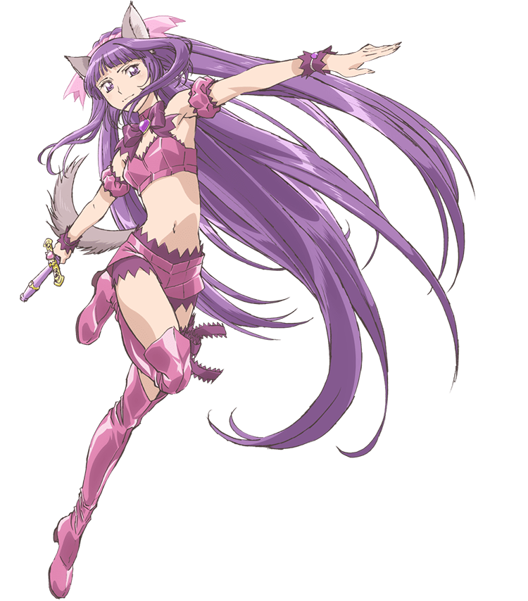 ishino satoshi, fujiwara zakuro, mew zakuro, tokyo mew mew, tokyo mew mew new, official art, 1girl, animal ears, anime coloring, arm scrunchie, bare shoulders, boots, bow, breasts, full body, hands up, holding, leg up, long hair, looking at viewer, magical girl, midriff, navel, outstretched arms, purple boots, purple eyes, purple hair, purple scrunchie, purple shorts, scrunchie, short shorts, shorts, simple background, solo, standing, standing on one leg, strapless, tail, thigh boots, thigh strap, transparent background, very long hair, wolf ears, wolf girl, wolf tail, wrist scrunchie