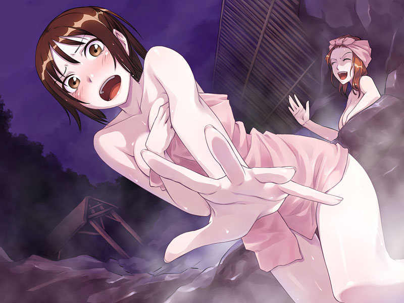 benimura karu, karukaru, original, 2girls, blush, closed eyes, laughing, looking at viewer, multiple girls, naked towel, onsen, open mouth, smile, towel, waving, wide-eyed