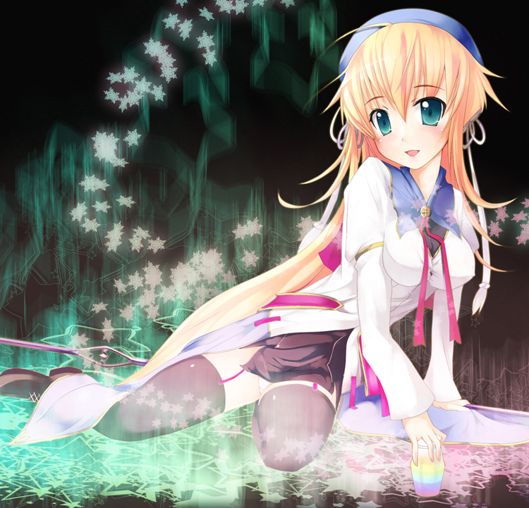 hubrael, prima aspallas, nanatsuiro drops, 00s, blonde hair, breasts, covered erect nipples, green eyes, hat, long hair, panties, pantyshot, ribbon, school uniform, serafuku, solo, staff, thighhighs, underwear, zettai ryouiki