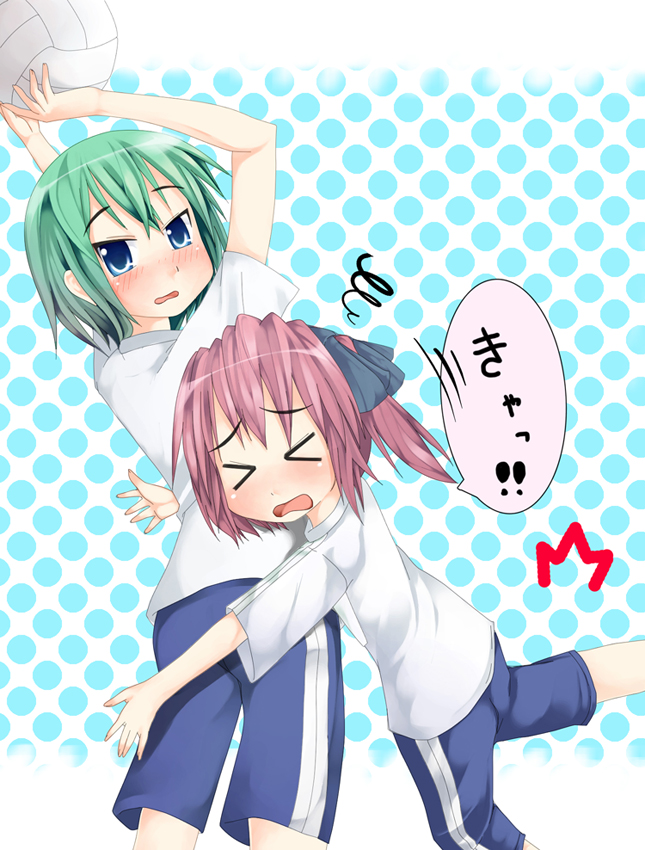 hubrael, iwasaki minami, kobayakawa yutaka, lucky star, > <, 00s, 2girls, blue eyes, blush, bow, closed eyes, green hair, gym uniform, hair bow, hug, looking at viewer, multiple girls, polka dot, polka dot background, ponytail, red hair, shirt, short hair, short sleeves, shorts, simple background, sportswear, white shirt, wince