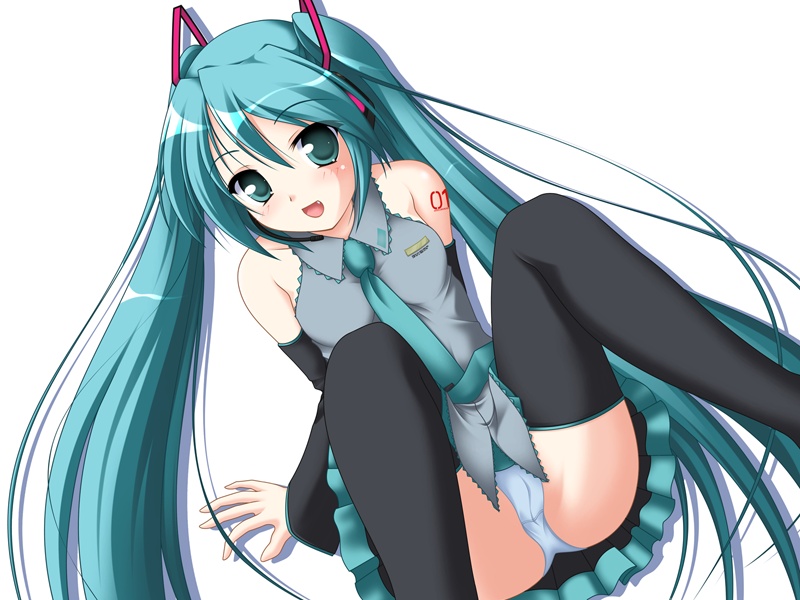 hatsune miku, vocaloid, aqua eyes, aqua hair, breasts, hair ribbon, long hair, necktie, panties, pantyshot, ribbon, school uniform, serafuku, sitting, sleeveless, thighhighs, underwear, upskirt