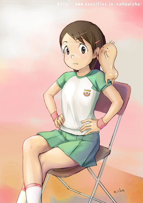 aisha callaaisha, hashimoto fumie, oyaji (dennou coil), dennou coil, 00s, 1boy, 1girl, artist name, brown eyes, brown hair, chair, child, clothed female nude male, creature, creature on shoulder, crossed legs, facial hair, feet out of frame, female focus, flat chest, folding chair, glasses, goggles, gradient background, green skirt, green sleeves, hands on own hips, looking at viewer, matching hair/eyes, miniskirt, mustache, nude, on shoulder, raglan sleeves, shirt, simple background, sitting, skirt, socks, solo, t-shirt, watermark, web address, white socks, wristband
