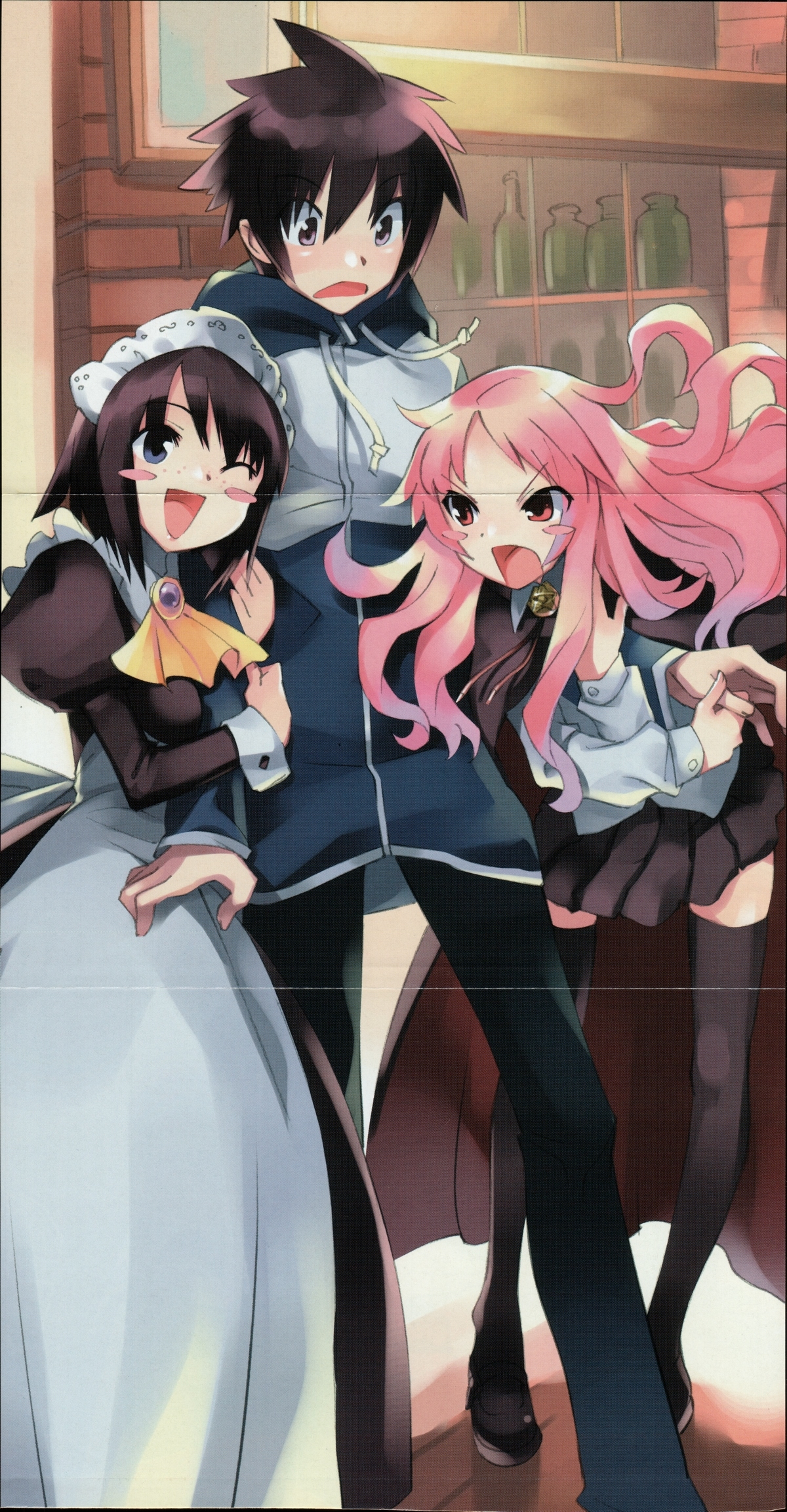 usatsuka eiji, henrietta de tristain, hiraga saito, louise francoise le blanc de la valliere, siesta (zero no tsukaima), zero no tsukaima, arm grab, highres, 00s, 1boy, 2girls, blue eyes, height difference, maid, multiple girls, pink eyes, pink hair, purple hair, short hair, thighhighs, wink