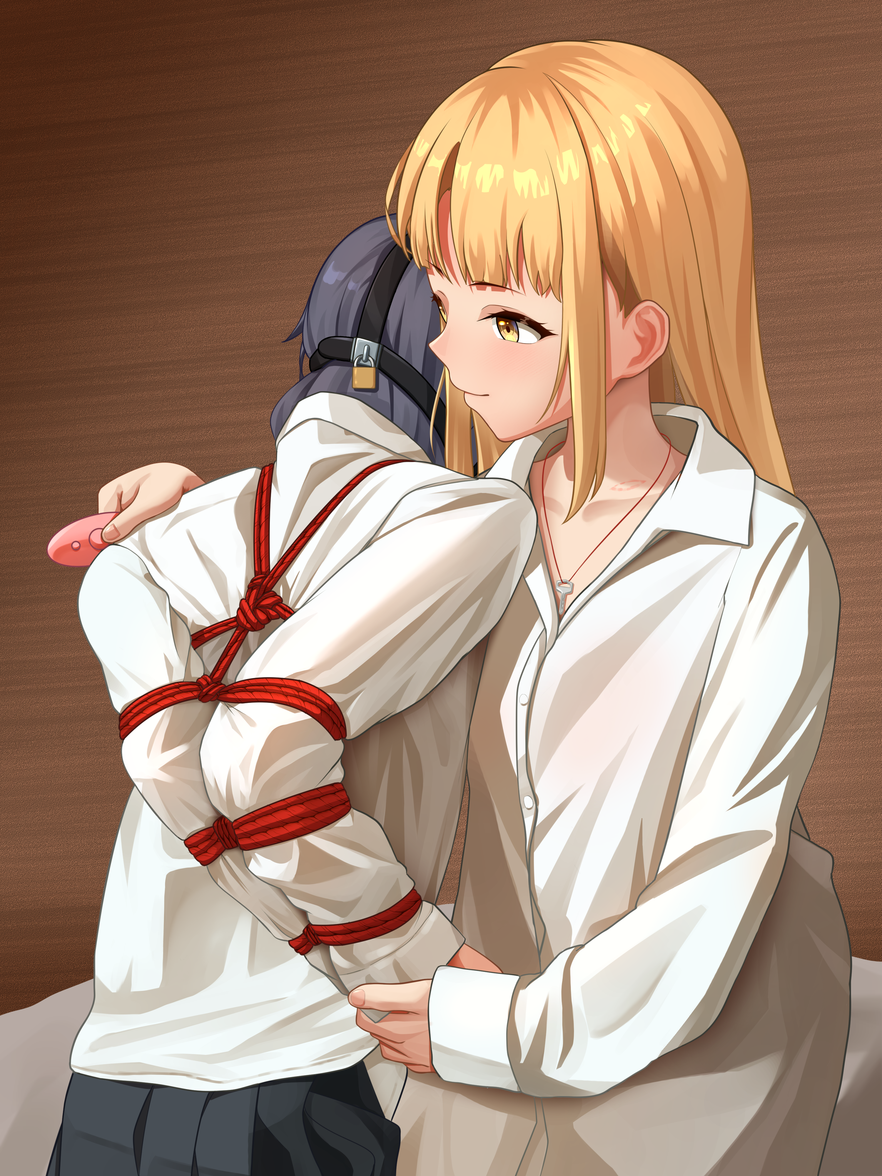 wanliu, original, absurdres, highres, 2girls, arms behind back, bdsm, blonde hair, bondage, bound, grey hair, long hair, multiple girls, pleated skirt, remote control vibrator, restrained, sex toy, shibari, shibari over clothes, shirt, sitting, skirt, vibrator, white shirt, yellow eyes, yuri